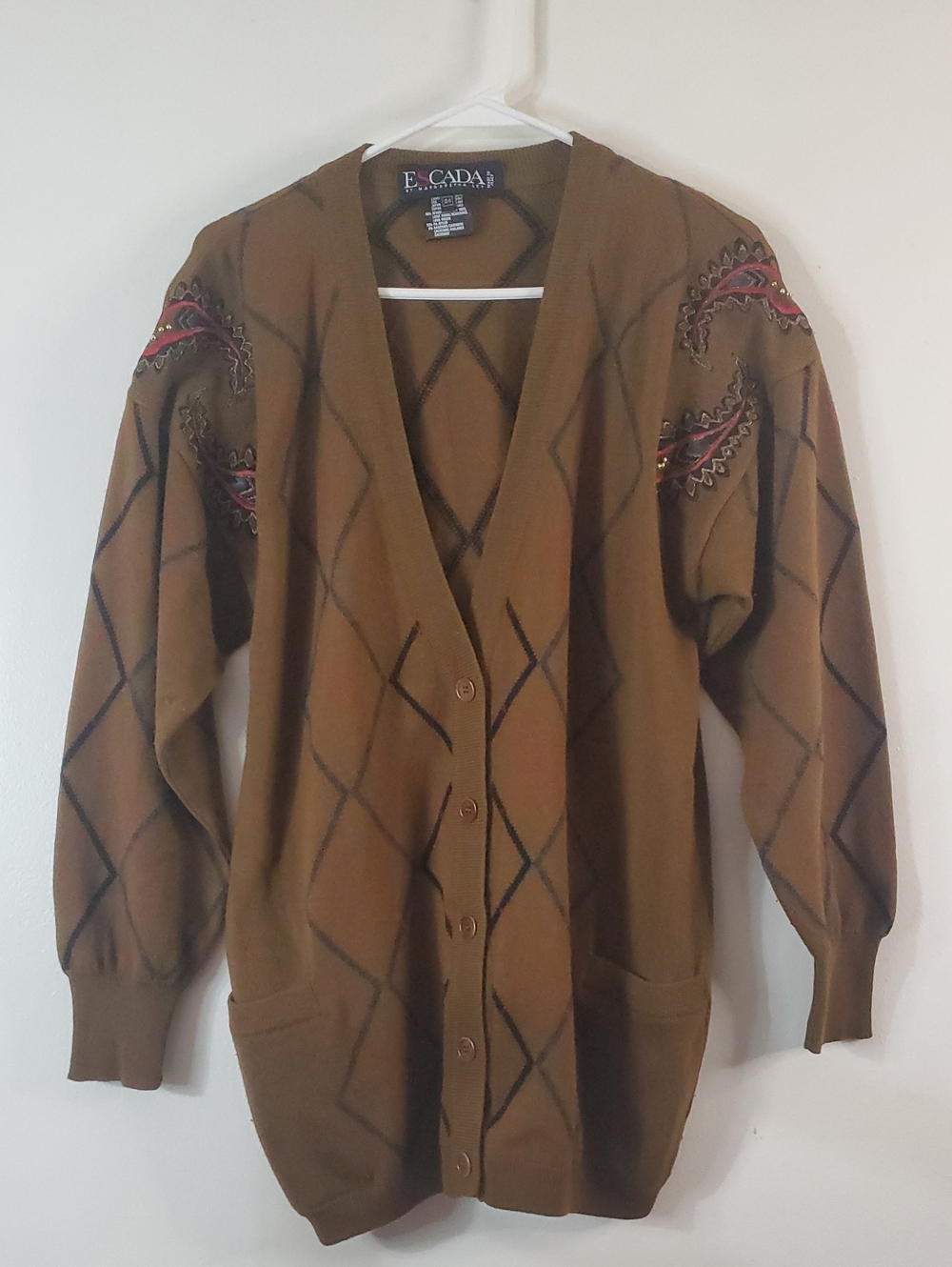 Vintage 90s Escada Brown Diamond Argyle Embroidered Button Women's Cardigan 34